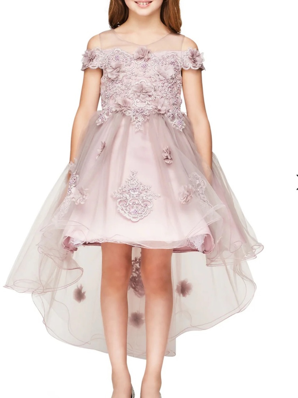 Lala & erina Girls Dusty Pink Floral Off-Shoulder Hi-Low Party Dress